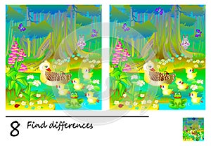 Logic puzzle game for children and adults. Need to find 8 differences. Developing skills for counting. Vector cartoon image.