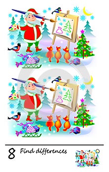 Logic puzzle game for children and adults. Need to find 8 differences. Developing skills for counting. Vector cartoon image.