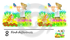 Logic puzzle game for children and adults. Need to find 8 differences. Developing skills for counting. Vector cartoon image.