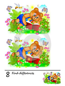Logic puzzle game for children and adults. Need to find 8 differences. Printable page for baby brainteaser book. Cute bear reading