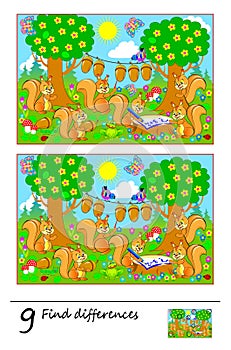 Logic puzzle game for children and adults. Need to find 9 differences. Developing skills for counting. Vector cartoon image.