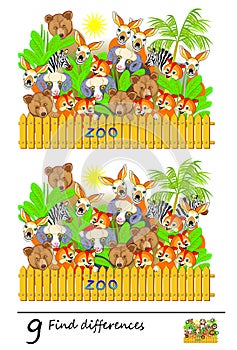 Logic puzzle game for children and adults. Need to find 9 differences. Printable page for baby book. Developing skills