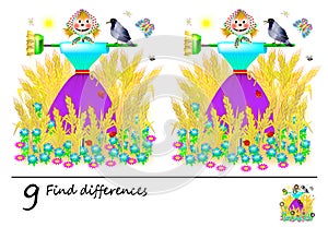 Logic puzzle game for children and adults. Need to find 9 differences. Printable page for baby brainteaser book. Cute scarecrow.