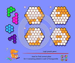 Logic puzzle game for children and adults. Need to find correct place for 4 remaining details in each of honeycombs. Page for kids