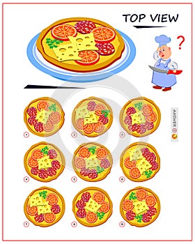 Logic puzzle game for children and adults. Need to find correct top view of pizza. Printable page for brain teaser book.