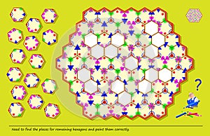 Logic puzzle game for children and adults. Need to find the places for remaining hexagons and paint them correctly. Printable page