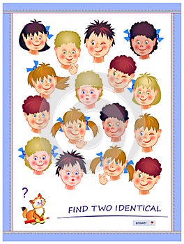 Logic puzzle game for children and adults. Need to find two identical children. Printable page for kids brain teaser book.