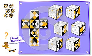 Logic puzzle game for children and adults. Paint the cubes so they matches the template. Printable page for kids brain teaser book