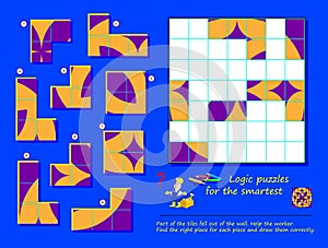 Logic puzzle game for children and adults. Part of tiles fell out of wall. Help the worker, find places and draw all of them.