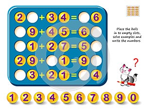 Logic puzzle game for children and adults. Place balls in to empty slots, solve examples and write the numbers. photo