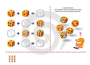 Logic puzzle game for children and adults. Solve examples, find correct place for all dices, count the sum of dots and draw the