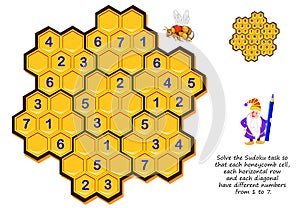 Logic puzzle game for children and adults. Solve Sudoku task so that each honeycomb cell, each horizontal row and each diagonal