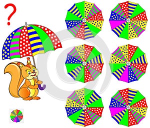 Logic puzzle game for children and adults. What umbrella the squirrel is holding? Find the corresponding view from the top.