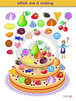 Logic puzzle game for children and adults. Which one of the sweets is missing in the cake? Printable page for kids brain teaser