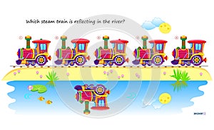 Logic puzzle game for children and adults. Which steam train is reflecting in the river? Page for brain teaser book. Developing