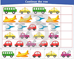 Logic puzzle game for children. Continue the logical sequence. Worksheet. Transport
