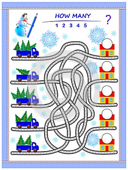 Logic puzzle game for children with labyrinth. Count quantity of Christmas trees in lorries and write the numbers on houses.