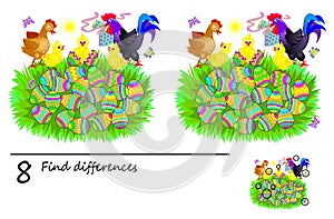 Logic puzzle game for children. Need to find 8 differences. Printable page for baby brainteaser book. Chicken hatched from egg.