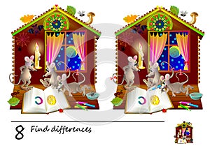 Logic puzzle game for children. Need to find 8 differences. Printable page for baby brainteaser book. Curious mice read a book.