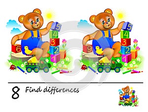 Logic puzzle game for children. Need to find 8 differences. Printable page for kids brainteaser book.