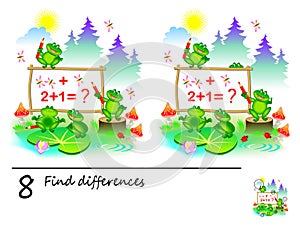 Logic puzzle game for children. Need to find 8 differences. Printable page for kids brainteaser book.