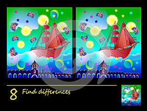 Logic puzzle game for children. Need to find 8 differences. Printable page for kids brainteaser book.