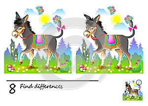 Logic puzzle game for children. Need to find 8 differences. Printable page for kids brainteaser book. Illustration of cute donkey