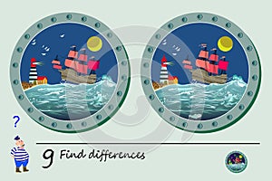 Logic puzzle game for children. Need to find 9 differences. Printable page for kids brainteaser book.