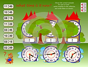 Logic puzzle game for children. What time is it? Choose correct example for each clock which matches to reflection.