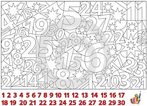 Logic puzzle game. Find the numbers hidden in the picture and paint them. Worksheet page for children and adults.