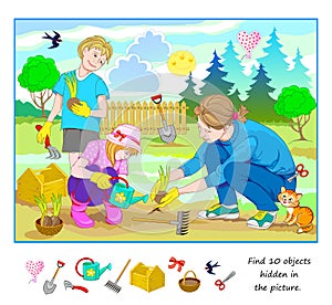 Logic puzzle game for kids. Find 10 objects hidden in the picture. Children working in the spring garden. Educational page. Play