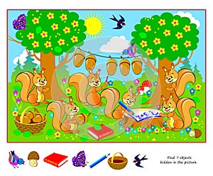 Logic puzzle game for kids. Find 7 objects hidden in the picture. Educational page for children. Developing counting skills. Play