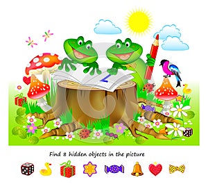 Logic puzzle game for kids. Find 8 hidden objects in the picture. Educational page for children. Developing counting skills. Play