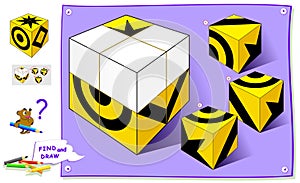 Logic puzzle game for kids. Find correct places for remaining parts of cube and paint them on it.
