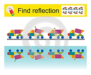 Logic puzzle game for kids. Find correct reflection for each dump truck. Cartoon dump trucks