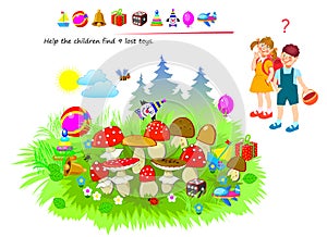 Logic puzzle game for kids. Help the children find 9 lost toys. Educational page for children. Developing counting skills. Play