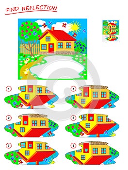 Logic puzzle game for kids. Need to find correct reflection in the lake and draw it. Printable page for brainteaser book.