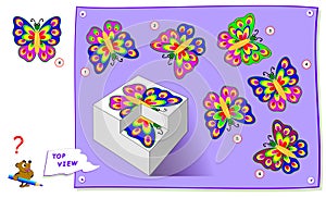 Logic puzzle game for kids. Need to find correct top view of butterfly. Worksheet for school textbook.