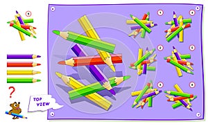 Logic puzzle game for kids. Need to find correct top view of pencils. Worksheet for school textbook.