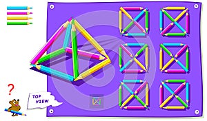 Logic puzzle game for kids. Need to find correct top view of pyramid of pencils. Worksheet for school textbook.