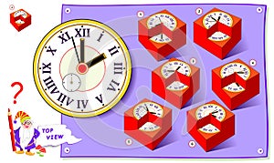 Logic puzzle game for kids. Need to find cube matching top view of clock. Worksheet for school textbook.
