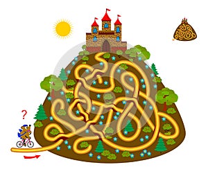 Logic puzzle game with labyrinth for children and adults. Find the path and help the postman deliver the letter to the castle.