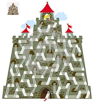 Logic puzzle game with labyrinth for children and adults. Find the way in the castle till tower with key.