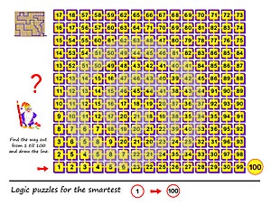 Logic puzzle game with labyrinth for children and adults. Find the way out from number 1 till 100 and draw the line.