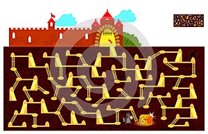 Logic puzzle game with labyrinth for children and adults. Find the way underground to the hidden treasure chest and draw the line.