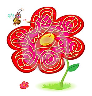 Logic puzzle game with labyrinth for children and adults. Help the bee find the way to the center of flower. Worksheet for kids