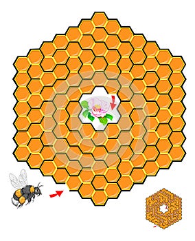 Logic puzzle game with labyrinth for children and adults. Help the bumblebee find the way in the honeycomb till flower