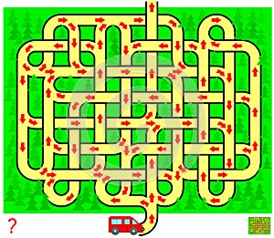 Logic puzzle game with labyrinth for children and adults. Help the car get out of the forest. Find the way from start till end.