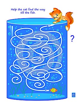 Logic puzzle game with labyrinth for children and adults. Help the cat find the way till the fish.