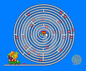 Logic puzzle game with labyrinth for children and adults. Help the lorry deliver fruits to the shop. Find the way. Worksheet for